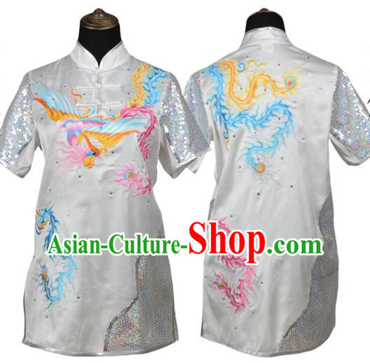 White Martial Arts Clothing Embroidered Phoenix Performance Clothing Competition Clothing Long Boxing Clothing Practice Clothing For Women, Boys And Children