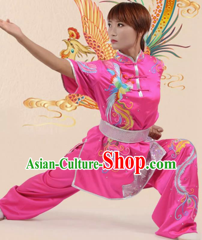 Rose Red Martial Arts Clothing Phoenix Dance Nine Days Embroidered Phoenix Performance Clothing Long Boxing Clothing Practice Clothing Competition Clothing For Women, Boys And Children
