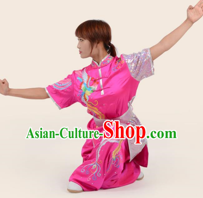 Rose Red Martial Arts Clothing Phoenix Dance Nine Days Embroidered Phoenix Performance Clothing Long Boxing Clothing Practice Clothing Competition Clothing For Women, Boys And Children