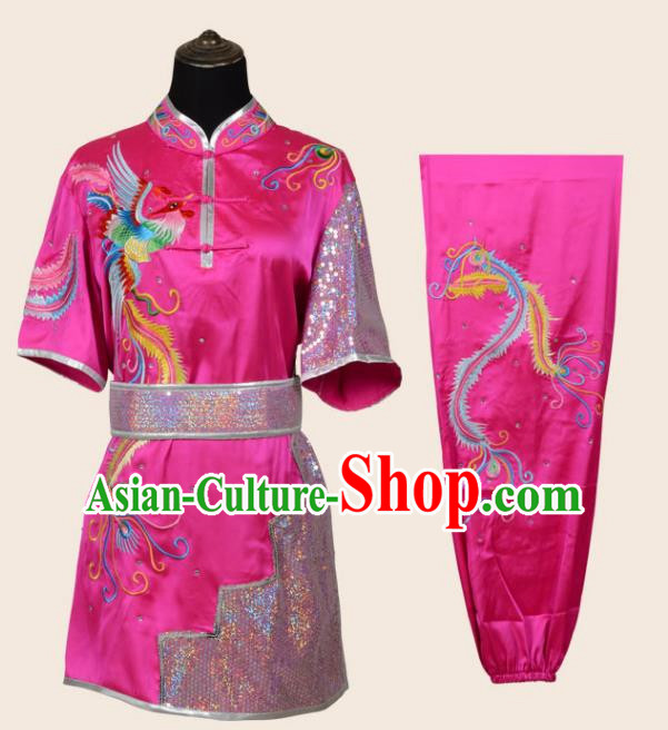 Rose Red Martial Arts Clothing Phoenix Dance Nine Days Embroidered Phoenix Performance Clothing Long Boxing Clothing Practice Clothing Competition Clothing For Women, Boys And Children