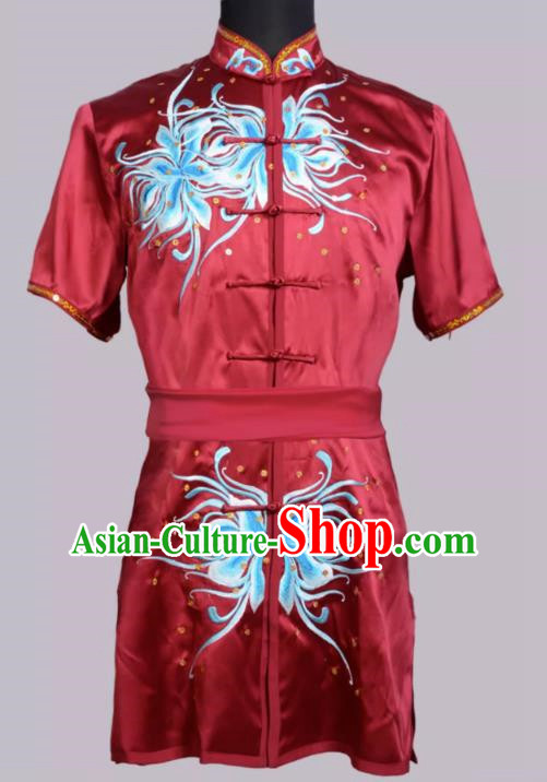 Martial Arts Clothing Deep Wine Red Sequin Embroidery Performance Clothing Adult Children High End Chinese Style