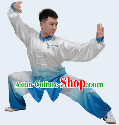 Blue Tai Chi Clothes Cloud Crane Gradient Transition Color Three Piece Suit Drape Embroidered Exercise Clothes Men And Women Performance Clothes