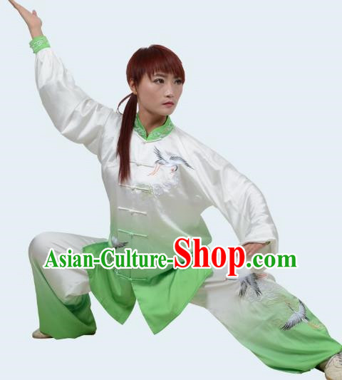 Green Tai Chi Suit Cloud Crane Gradient Transition Color Three Piece Suit Draped Embroidery Practice Suit Men And Women Performance Suit