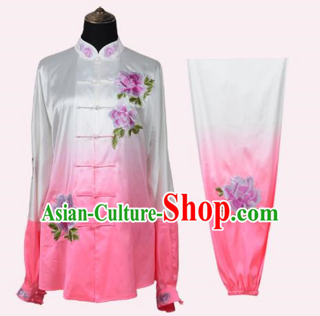 Tai Chi Clothing National Color Heavenly Fragrance Embroidery Peony Gradient Transition Pink Performance Competition Practice Martial Arts Clothing Female