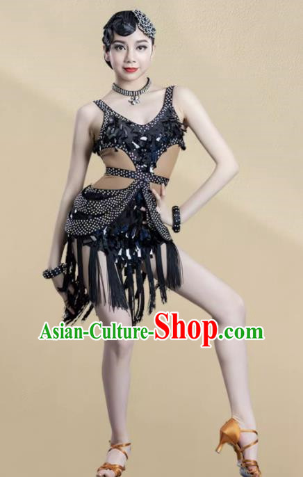 Latin Dance Competition Clothing Children Professional Sequined Tassel Skirt Children Performance Clothing Chacha Rumba