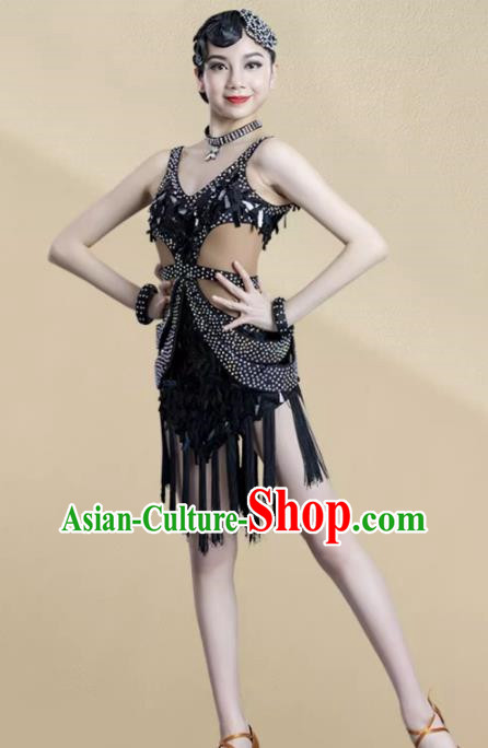 Latin Dance Competition Clothing Children Professional Sequined Tassel Skirt Children Performance Clothing Chacha Rumba