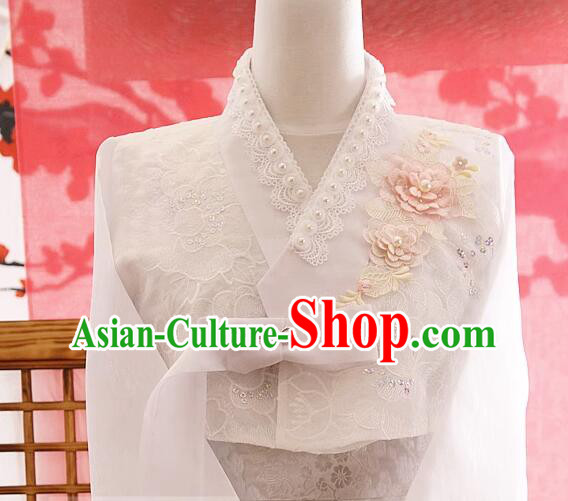 Korean Embroidered White Hanbok Bride Celebration Costume Traditional Wedding Dress Pearls Fashion