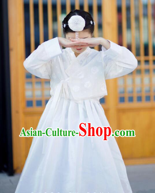 Korean Female Hanbok Traditional Court Princess Costume Bride White Fashion
