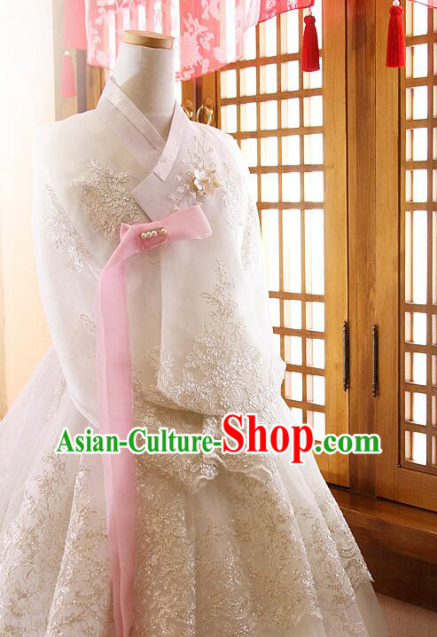 Korean Bride Celebration Costume Traditional Wedding Dress Embroidered Lace White Hanbok