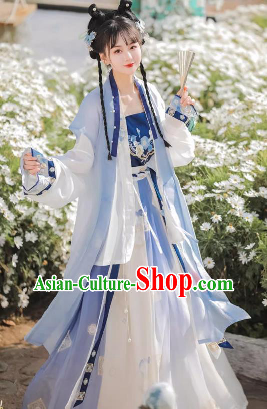 Chinese Song Dynasty Female Garment Costumes Traditional Blue Hanfu Dress Ancient Young Woman Clothing