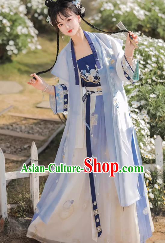 Chinese Song Dynasty Female Garment Costumes Traditional Blue Hanfu Dress Ancient Young Woman Clothing