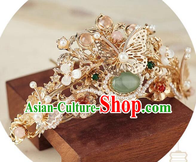 Chinese Hanfu Jewelry Ancient Empress Golden Crown Ming Dynasty Princess Gems Hair Pin