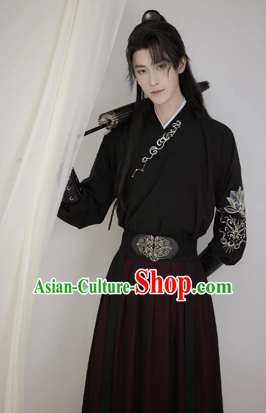 Chinese Traditional Hanfu Ancient Swordsman Black Clothing Jin Dynasty Handsome Childe Garment Costumes