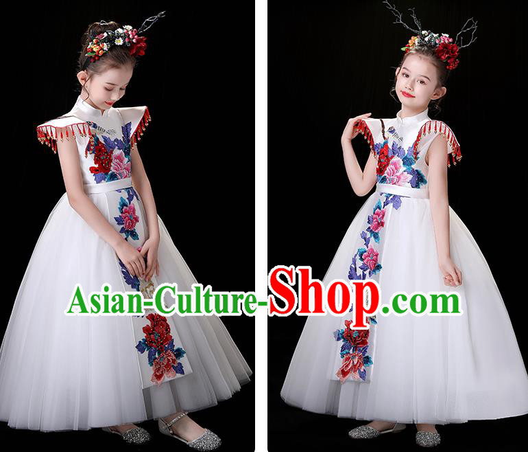 Top Children Modern Fancywork Clothing Girl Compere Full Dress Chinese Embroidered Costume