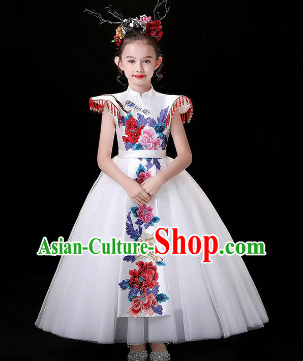 Top Children Modern Fancywork Clothing Girl Compere Full Dress Chinese Embroidered Costume