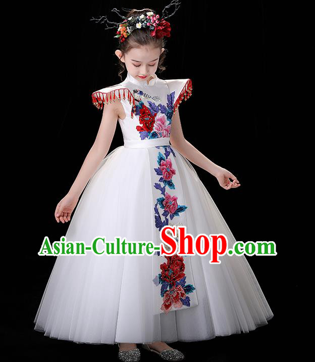 Top Children Modern Fancywork Clothing Girl Compere Full Dress Chinese Embroidered Costume