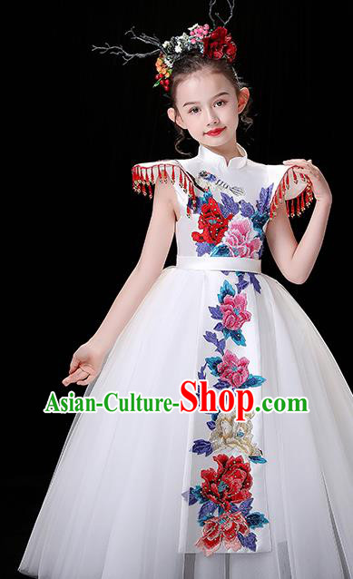 Top Children Modern Fancywork Clothing Girl Compere Full Dress Chinese Embroidered Costume