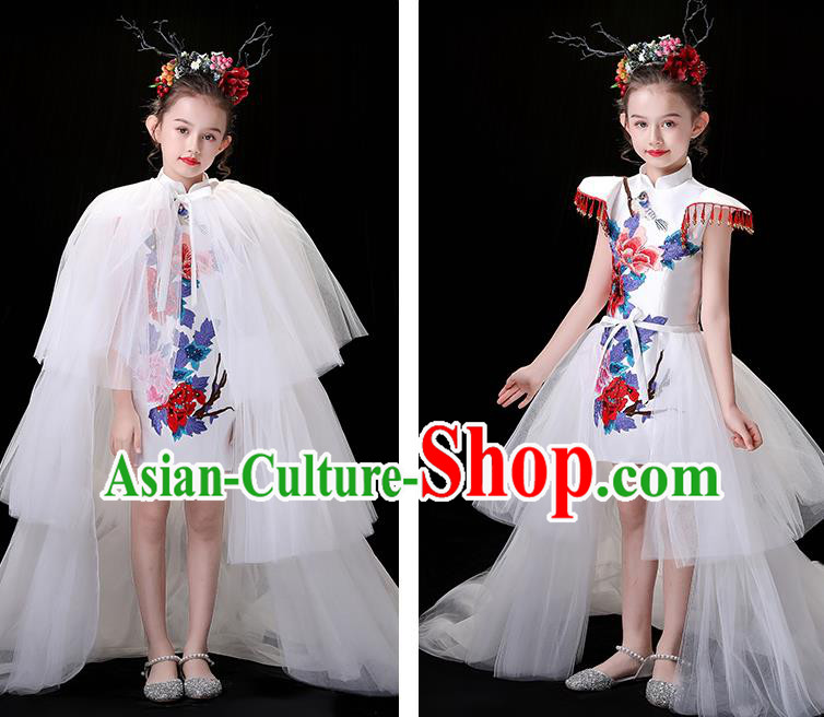Chinese Embroidered Qipao Costume Top Children Modern Fancywork Clothing Girl Compere Full Dress