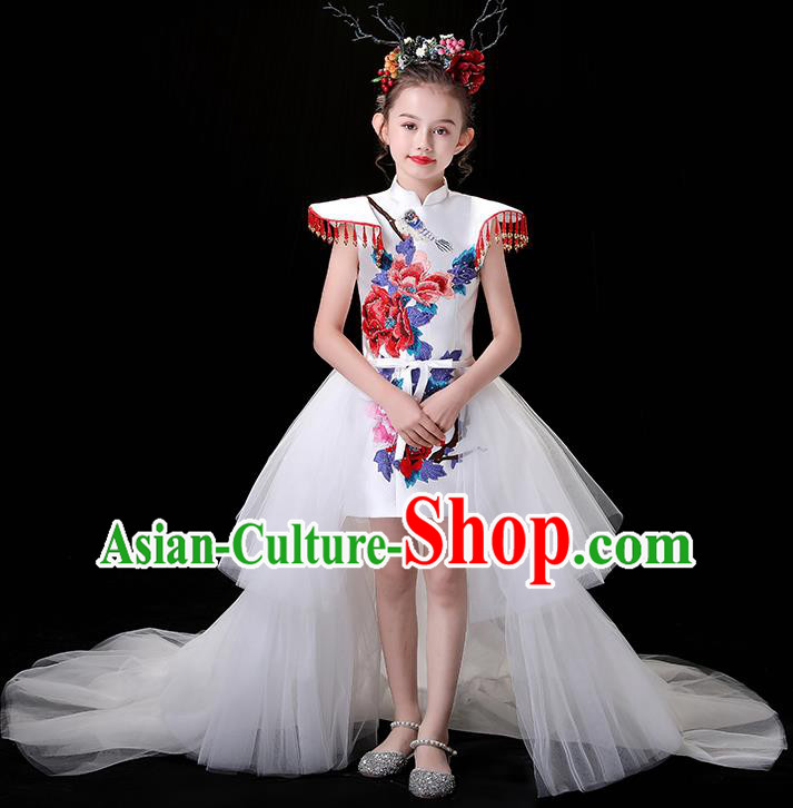 Chinese Embroidered Qipao Costume Top Children Modern Fancywork Clothing Girl Compere Full Dress