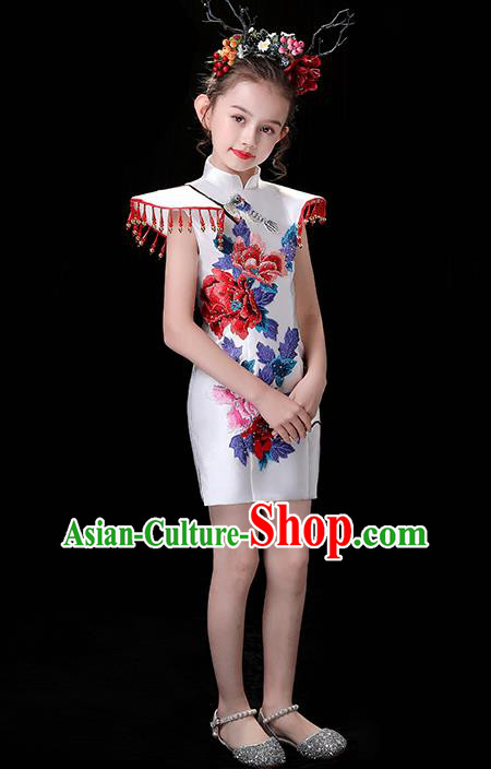 Chinese Embroidered Qipao Costume Top Children Modern Fancywork Clothing Girl Compere Full Dress