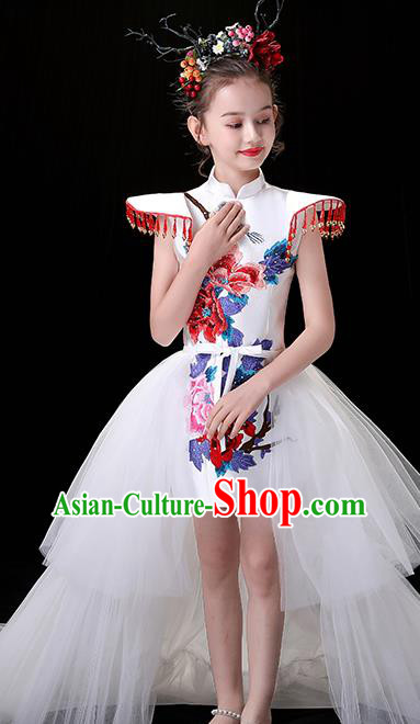 Chinese Embroidered Qipao Costume Top Children Modern Fancywork Clothing Girl Compere Full Dress