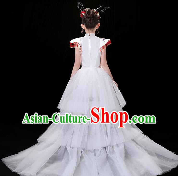 Chinese Embroidered Qipao Costume Top Children Modern Fancywork Clothing Girl Compere Full Dress