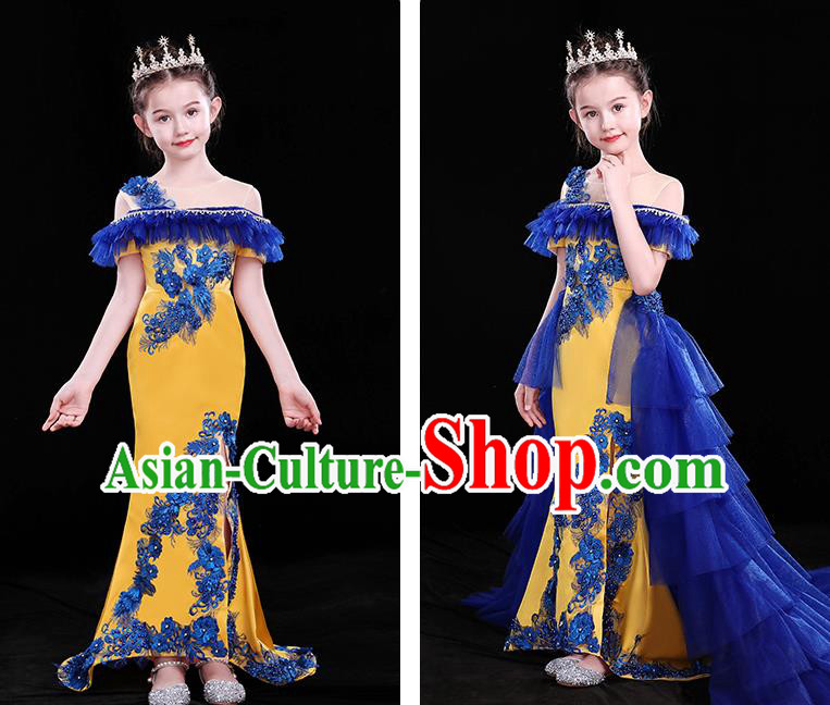 Chinese Girl Compere Full Dress Embroidered Birthday Costume Children Modern Fancywork Clothing