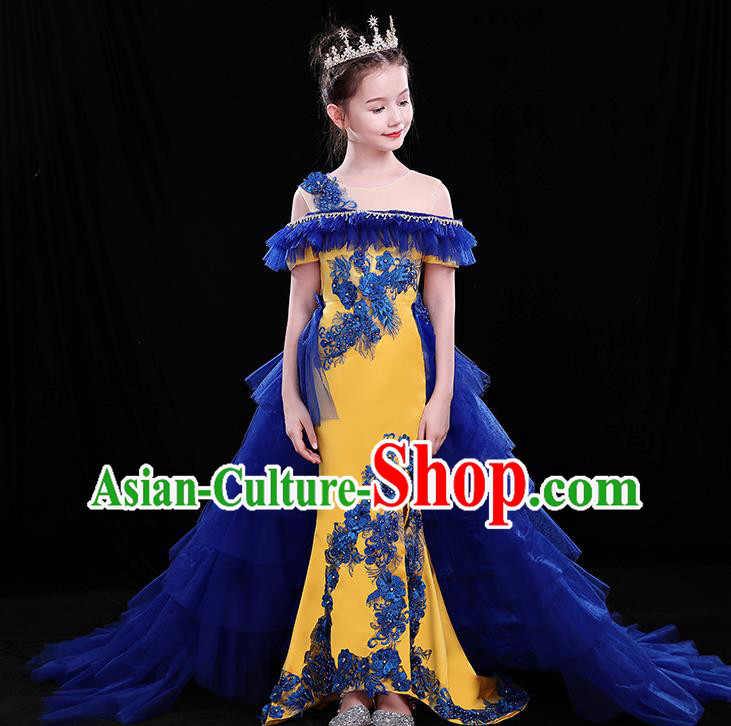 Chinese Girl Compere Full Dress Embroidered Birthday Costume Children Modern Fancywork Clothing