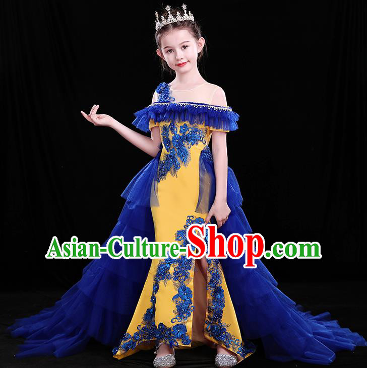 Chinese Girl Compere Full Dress Embroidered Birthday Costume Children Modern Fancywork Clothing