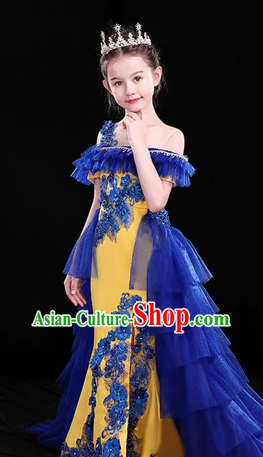 Chinese Girl Compere Full Dress Embroidered Birthday Costume Children Modern Fancywork Clothing