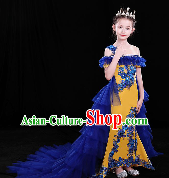 Chinese Girl Compere Full Dress Embroidered Birthday Costume Children Modern Fancywork Clothing