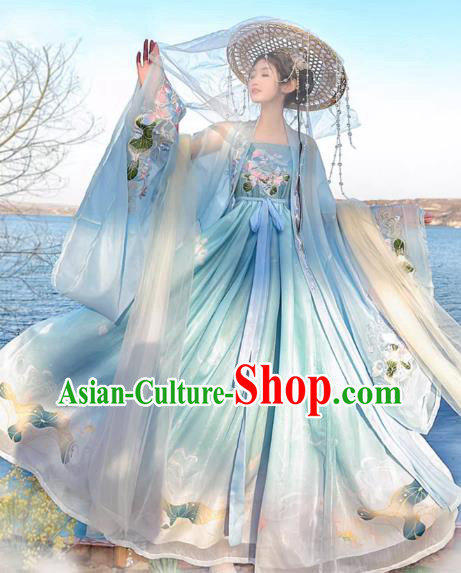 China Tang Dynasty Young Woman Clothing Traditional Hanfu Blue Hezi Dress Ancient Goddess Costumes