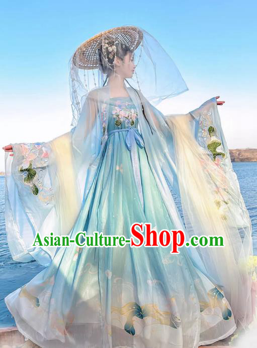 China Tang Dynasty Young Woman Clothing Traditional Hanfu Blue Hezi Dress Ancient Goddess Costumes
