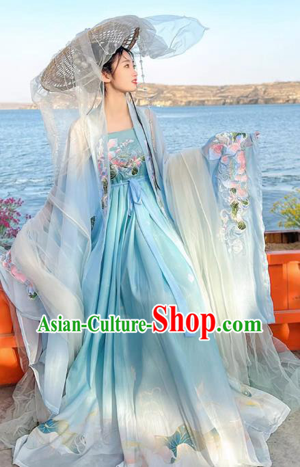 China Tang Dynasty Young Woman Clothing Traditional Hanfu Blue Hezi Dress Ancient Goddess Costumes