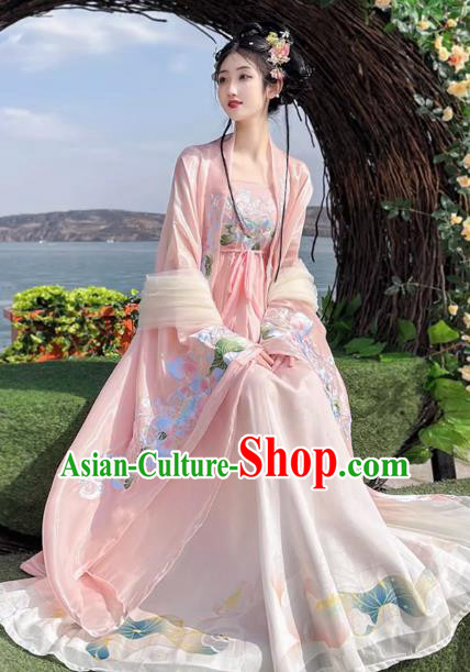 China Ancient Goddess Costumes Tang Dynasty Palace Princess Clothing Traditional Hanfu Pink Hezi Dress