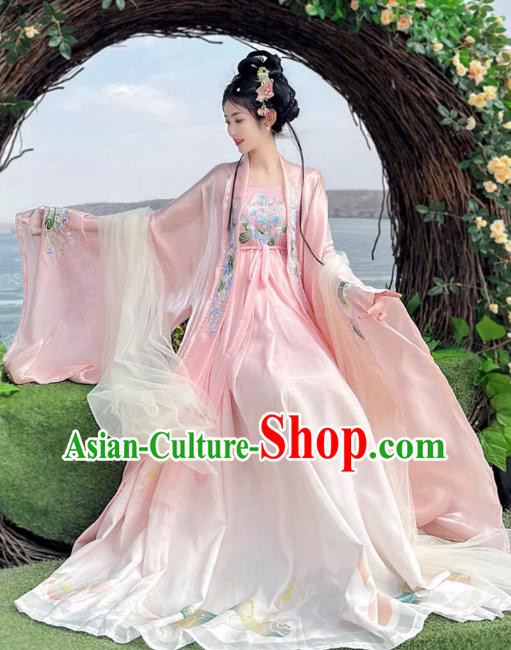 China Ancient Goddess Costumes Tang Dynasty Palace Princess Clothing Traditional Hanfu Pink Hezi Dress