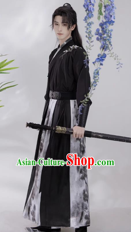 China Ancient Young Hero Costumes Ming Dynasty Male Clothing Wuxia TV Series Swordsman Black Hanfu Outfit