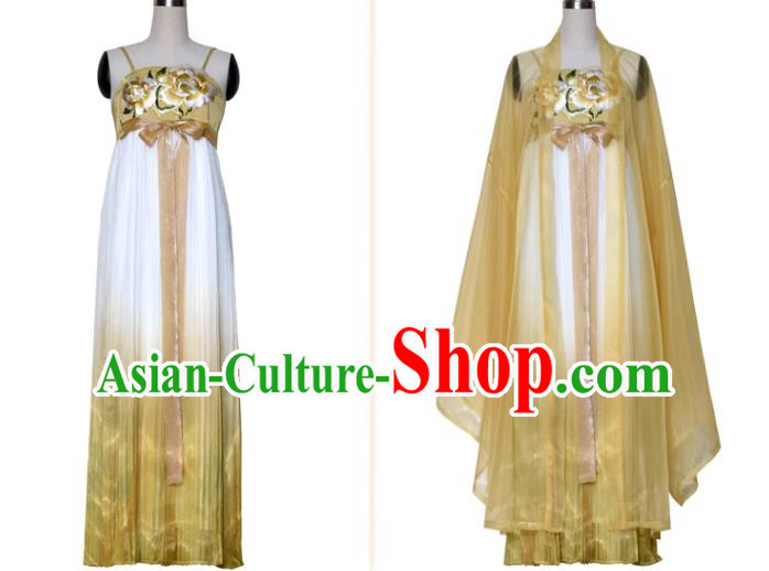 China Ancient Palace Lady Costumes Tang Dynasty Princess Yellow Dresses Traditional Hanfu Embroidered Hezi Qun Clothing