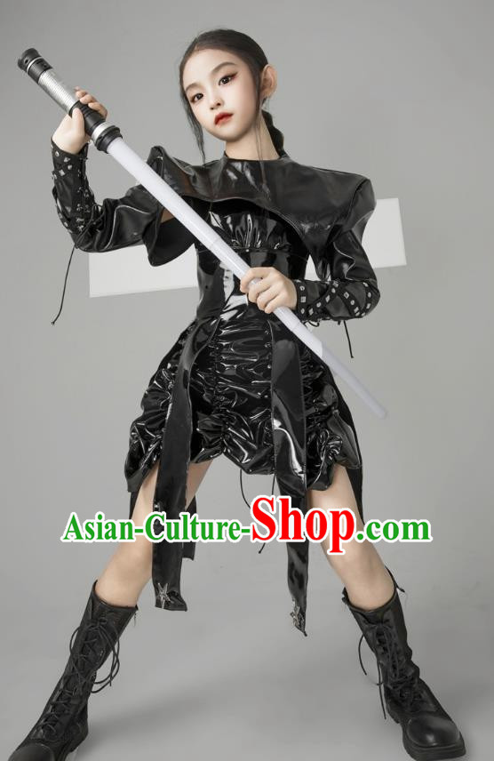 Girls One Piece Leather Skirt Black Leather Cosmic Style Technology Style Catwalk Clothing Model Clothing Knight Theme Cool Trendy Clothing