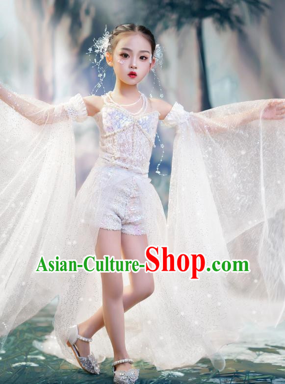 Girls White Shiny Bling Trailing Sleeves Catwalk Clothes Fairy Suit Fairy