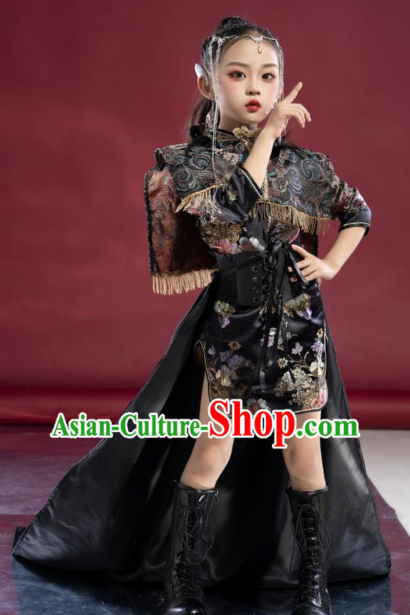 Girls Model National Trend Trailing Cheongsam Children Chinese Style T Stage Catwalk Dress Guqin Test Grade Performance Clothing