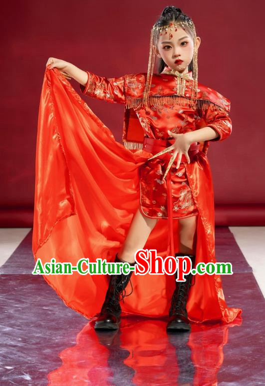 Girls Cheongsam Chinese Trend Clothing National Tide Catwalk Dress Skirt Suit Red Model Costumes Children Republic Of China Style