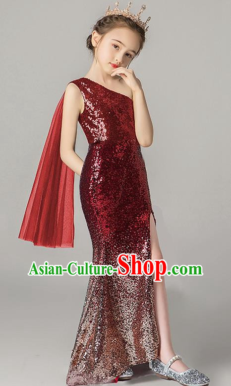 Girls Evening Dress Temperament Slim Mermaid Skirt Sequin Trailing Dress Children Host Model Catwalk Costumes