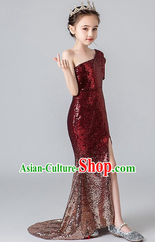 Girls Evening Dress Temperament Slim Mermaid Skirt Sequin Trailing Dress Children Host Model Catwalk Costumes