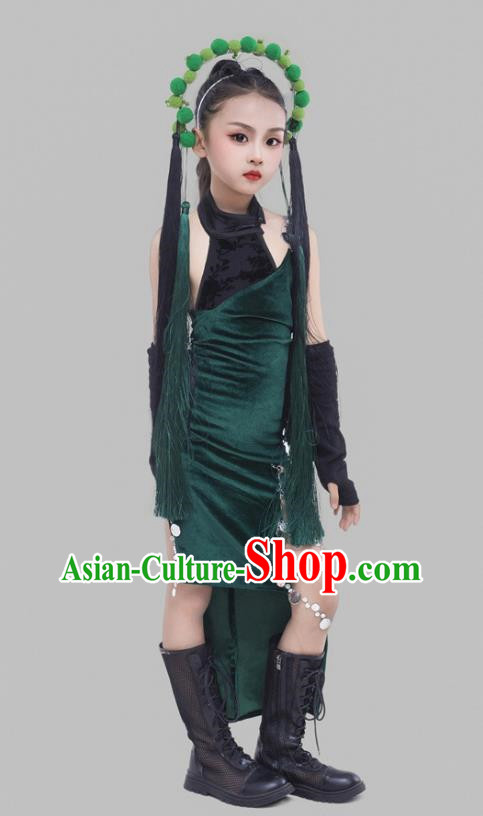 Girls Dark Green Cheongsam Suit Beijing Opera Elements Chinese Style Republic Of China Style Children Dress Catwalk