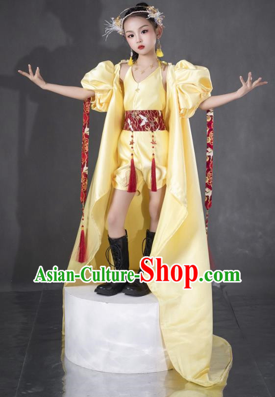 Girls Yellow Twenty Four Solar Terms Awakening Of Insects Dress Chinese Style Suit T Stage Show Catwalk Competition Suit