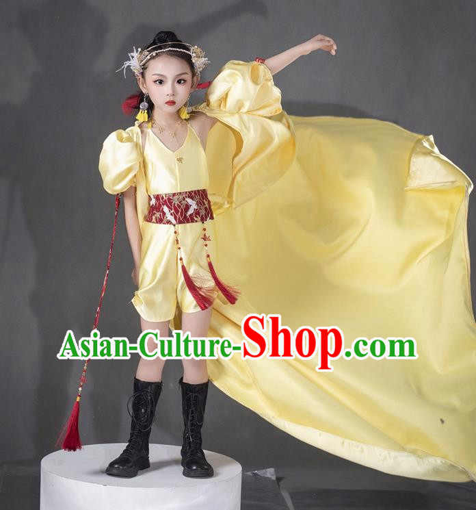 Girls Yellow Twenty Four Solar Terms Awakening Of Insects Dress Chinese Style Suit T Stage Show Catwalk Competition Suit