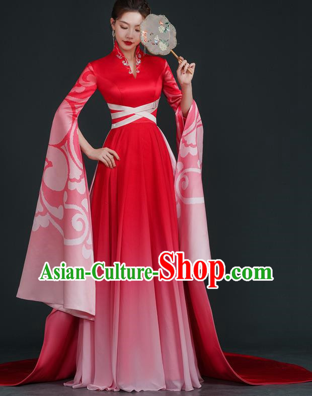 China Style Stage Catwalk Show Costumes Long Trailing Cheongsam Team Dress Art Examination Clothes