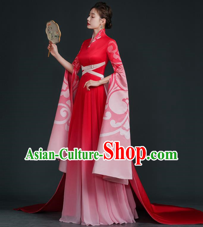 China Style Stage Catwalk Show Costumes Long Trailing Cheongsam Team Dress Art Examination Clothes