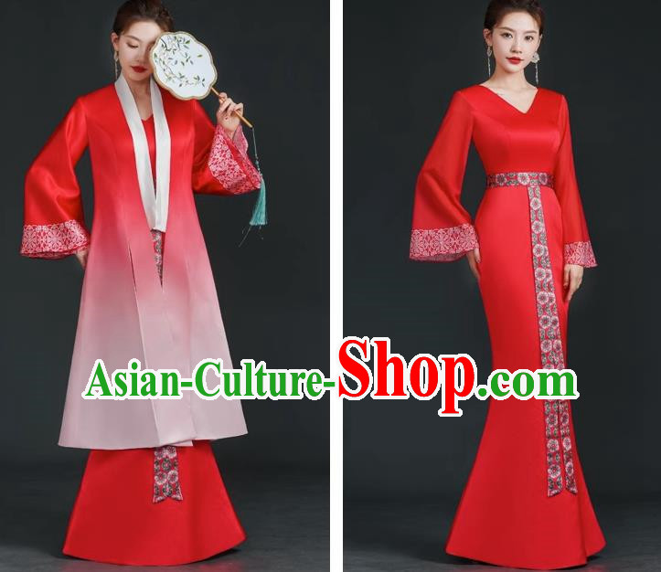China Style Stage Catwalk Show Costumes Long Trailing Cheongsam Team Dress Art Examination Clothes